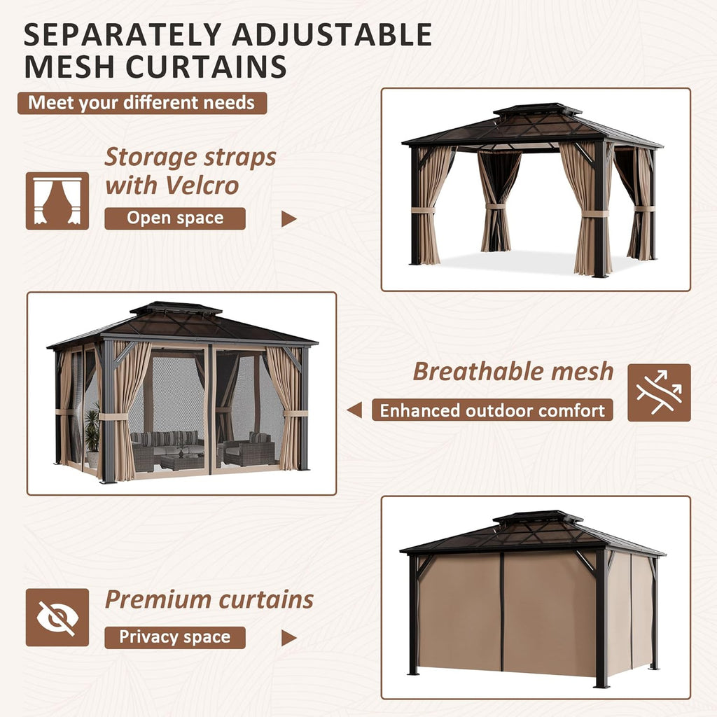 10'x12' Aluminum Polycarbonate Roof Gazebo Brown | Outdoor Hardtop Pergola with Aluminum Frame, Curtains and Netting