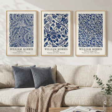 Large Framed William Morris Blue Canvas Wall Art, 3 Piece
