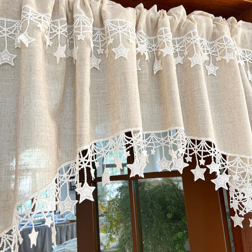 1 Panel Boho Style Beige Arched Linen Cafe Curtain Valance with Stars Trim