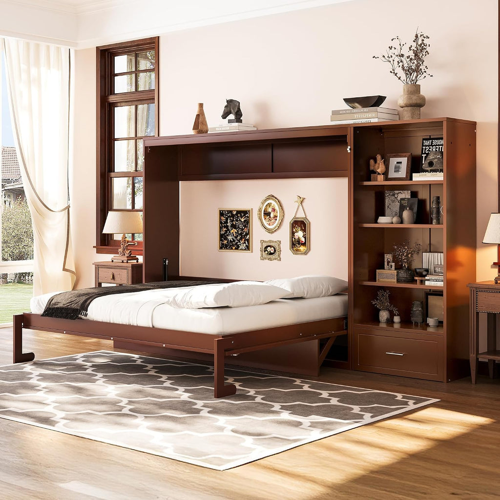 Queen Horizontal Murphy Bed with Desk, Foldable Wall Bed Frame with Storage Drawers, Shelves & Movable Cabinets