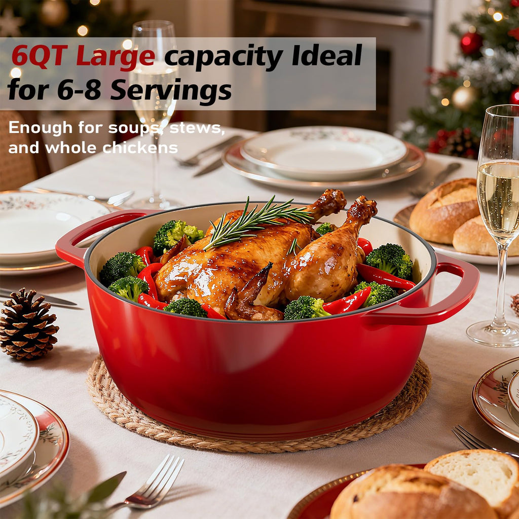 6QT Enameled Cast Iron Dutch Oven with Lid, Versatile Heavy-Duty Cookware Pot for Baking Bread, Braising, Soups &