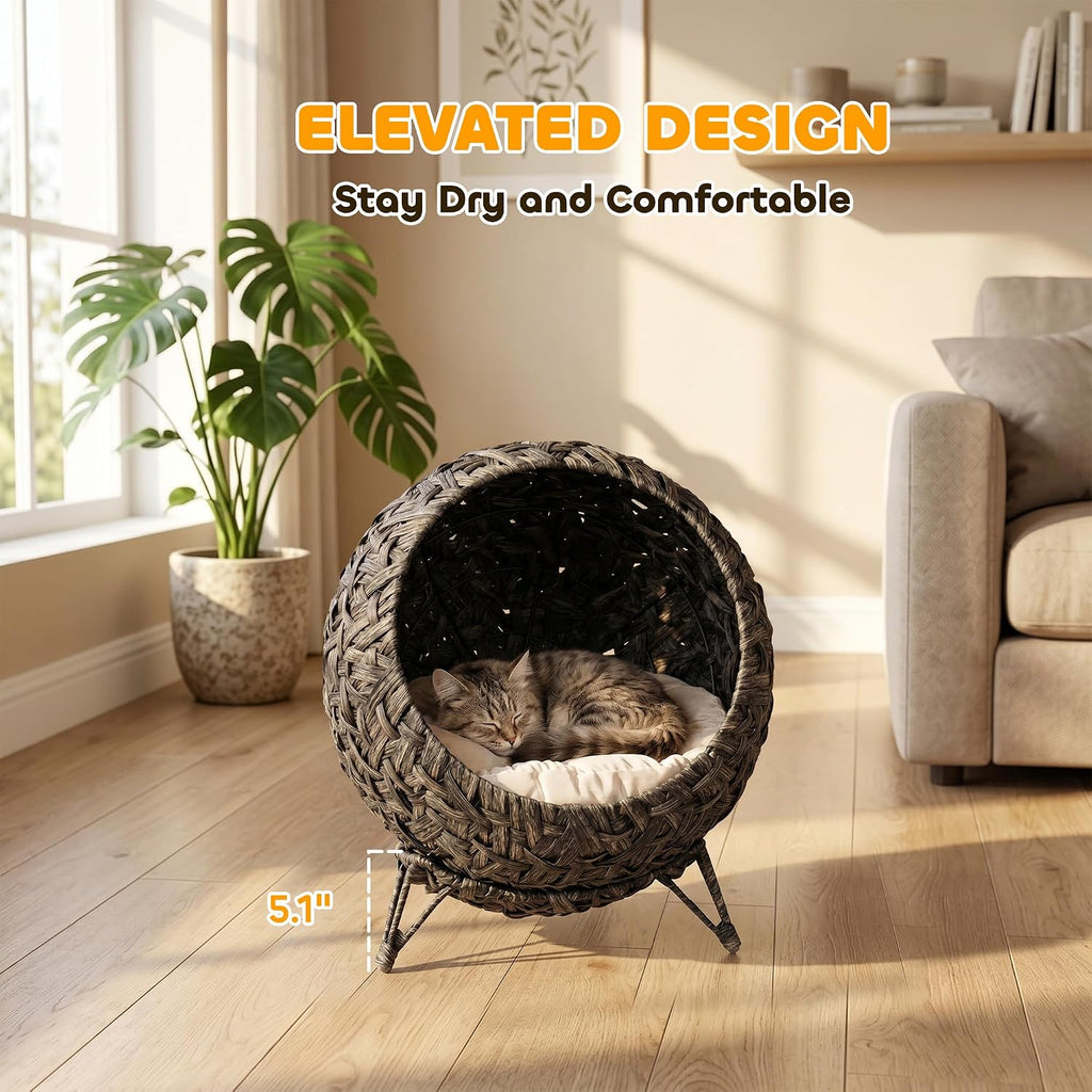 Rattan Cat Bed Elevated Handwoven Cat Basket Bed for Kittens Gray