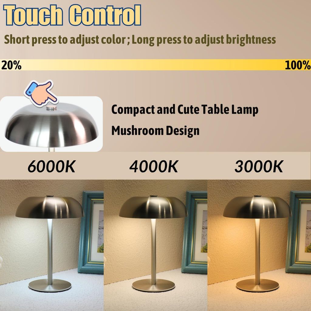 Cordless LED Mushroom Table Lamp, 5200mAh Battery, Dimmable 3 Color, Silver