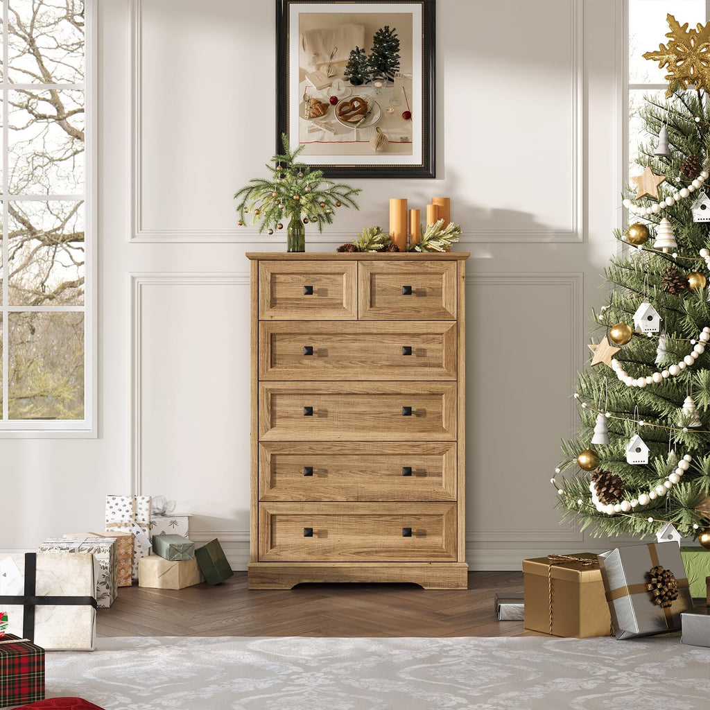 Farmhouse 6 Drawers Dresser Chests, Natural Oak Wood Dressers