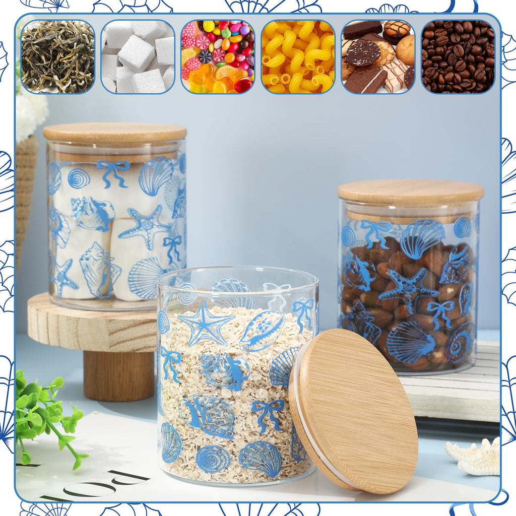 3Pcs Coastal Beach Glass Storage Jars with Airtight Lid Blue Bow Seashell Starfish Conch Decorative Clear Canisters