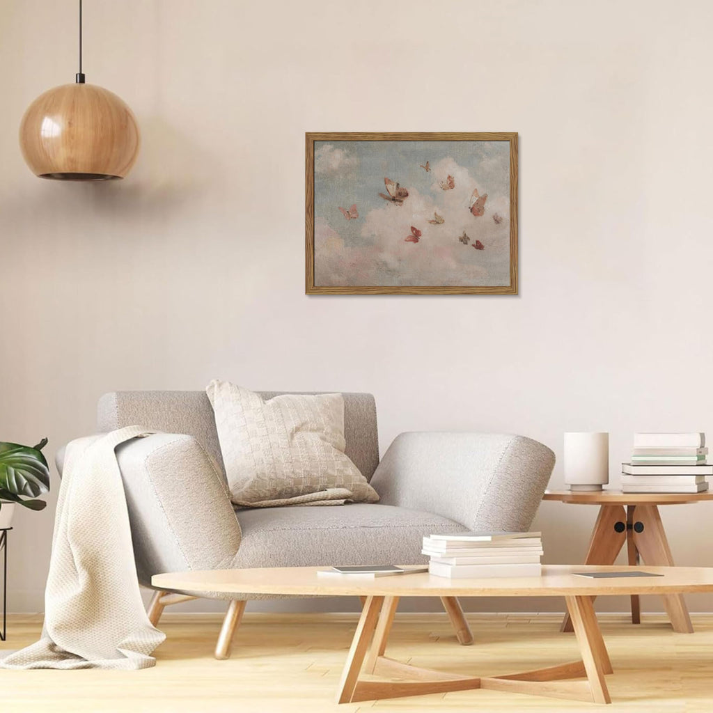 Framed Vintage Butterfly Canvas Wall Art, Dreamy Cloud Butterfly Poster Print, Soft Pastel Sky Nature Artwork, Retro