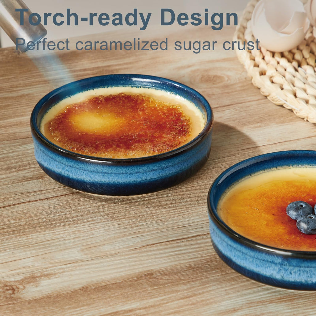 4 oz Oven Safe, Ceramic for Creme Brulee, Custard, Pudding, Souffle, Blue Shallow Ramekin Dishes, Small Porcelain