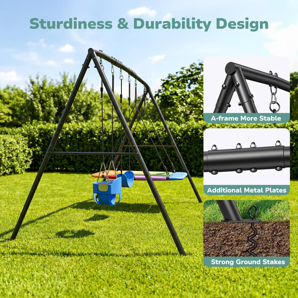 3 in 1 Swing Set for Backyard with Toddler, Platform and Belt Swing