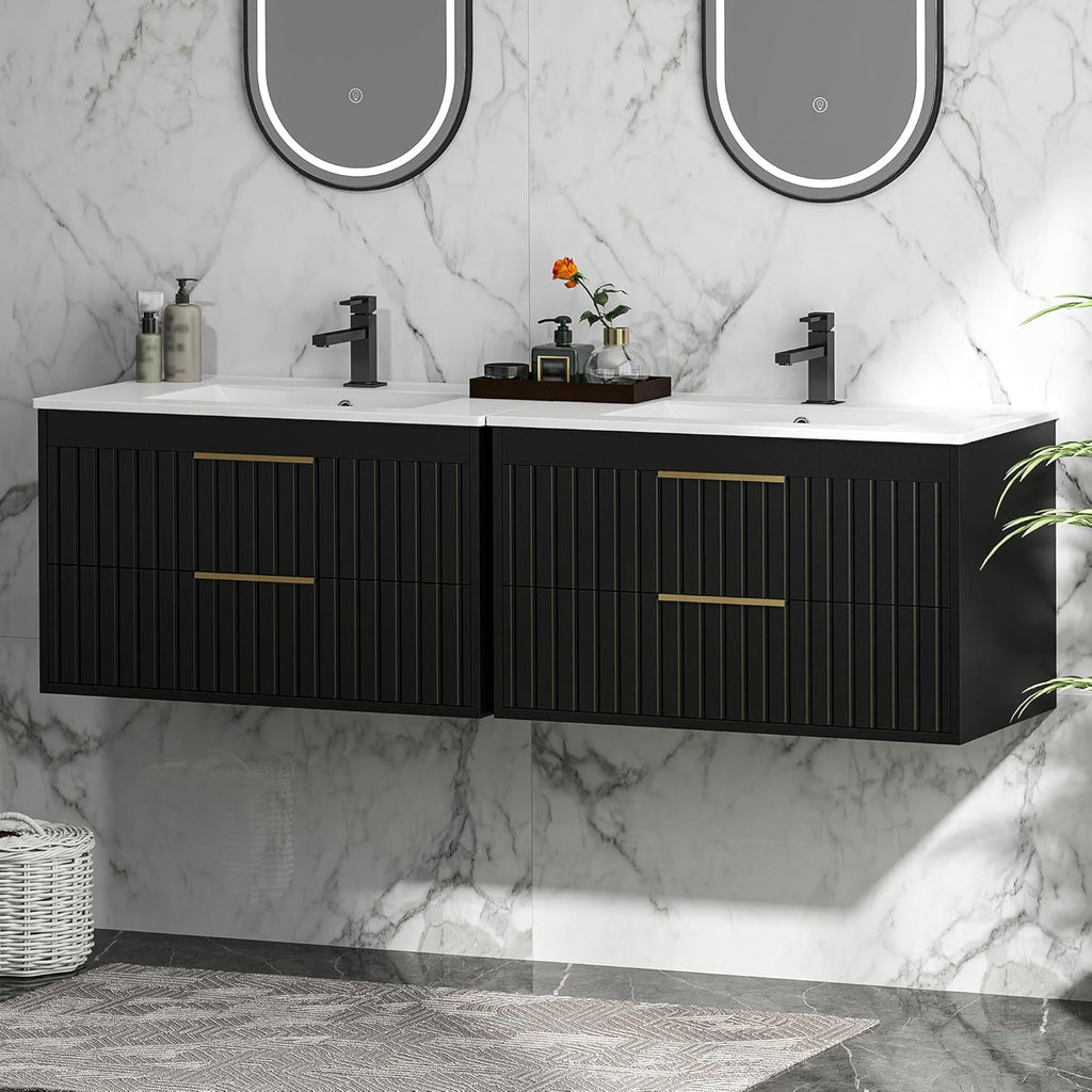 30" Floating Bathroom Vanity with Sink - Wall Mounted Vanity Cabinet with 2 Drawers & Gold Handles, Black