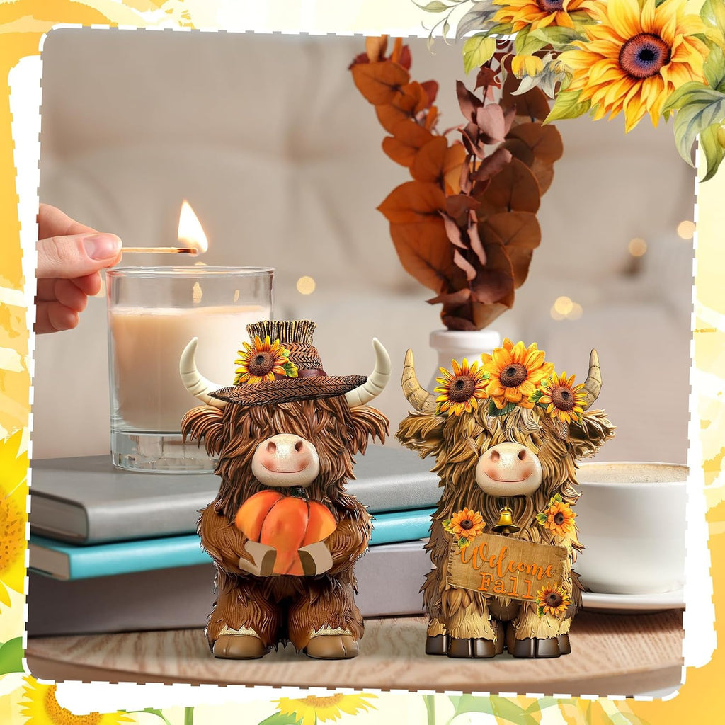 Fall Highland Cow Figurines Decor, Resin Fall Table Decor - Set of 2