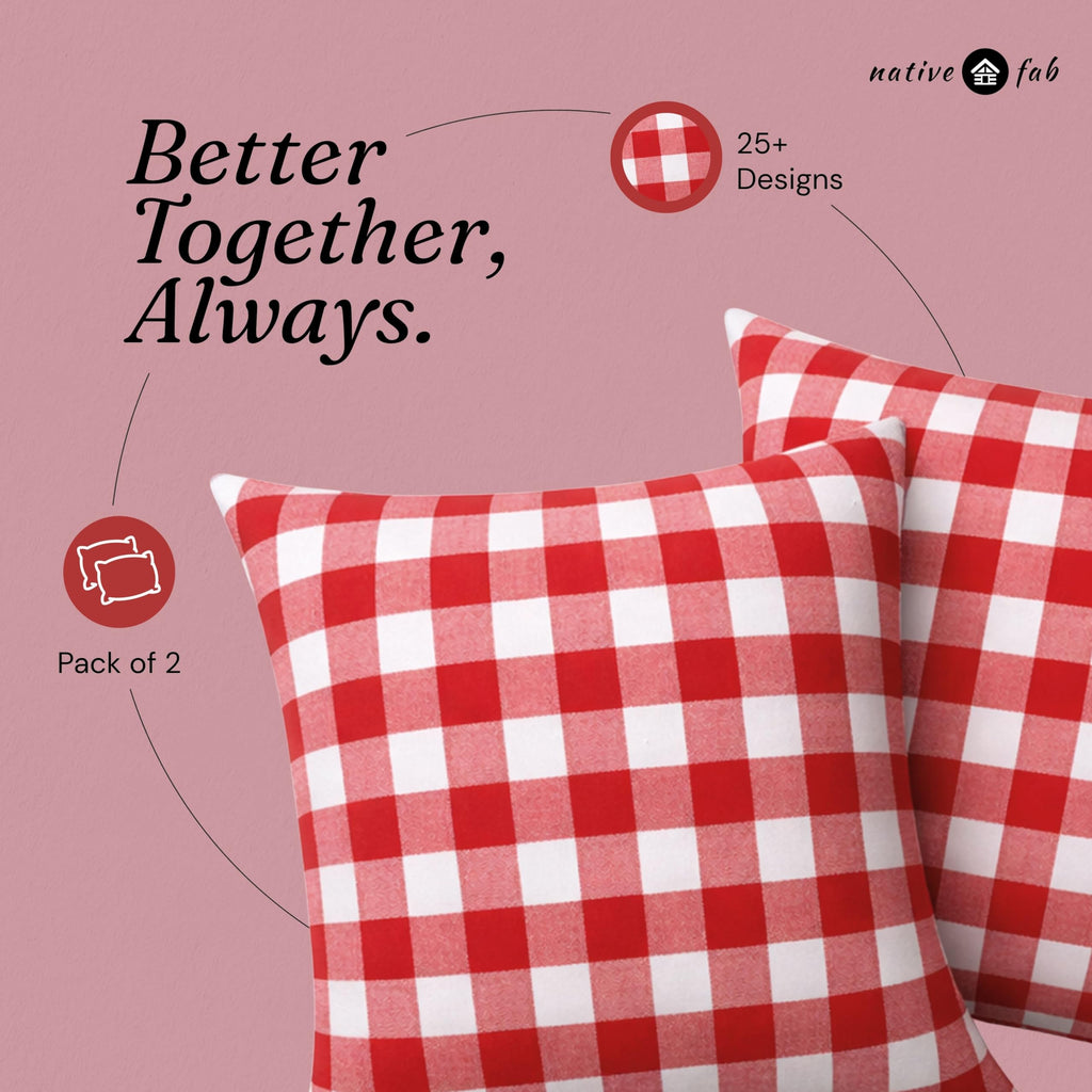 Throw Pillow Covers 2 Pack, 18x18 Inches, 100% Cotton, Classic Gingham Check Design, Decorative Cushion Cases, Rustic