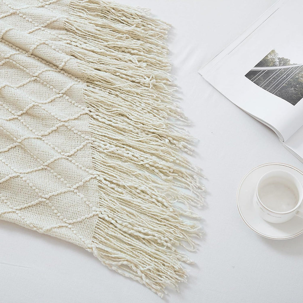 Beige Throw Blanket 50x60 Inches Throw Textured Solid Soft Sofa Couch Decorative Knit Blanket