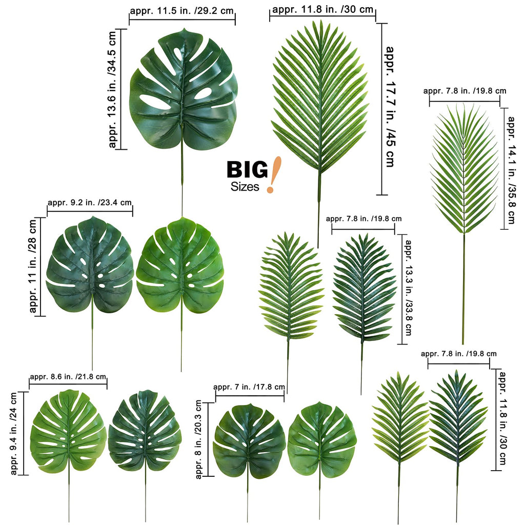 13 Pcs Assorted Artificial Tropical Leaves Set Decorative Real Touch Faux Monstera and Palm Leaves with Stems for