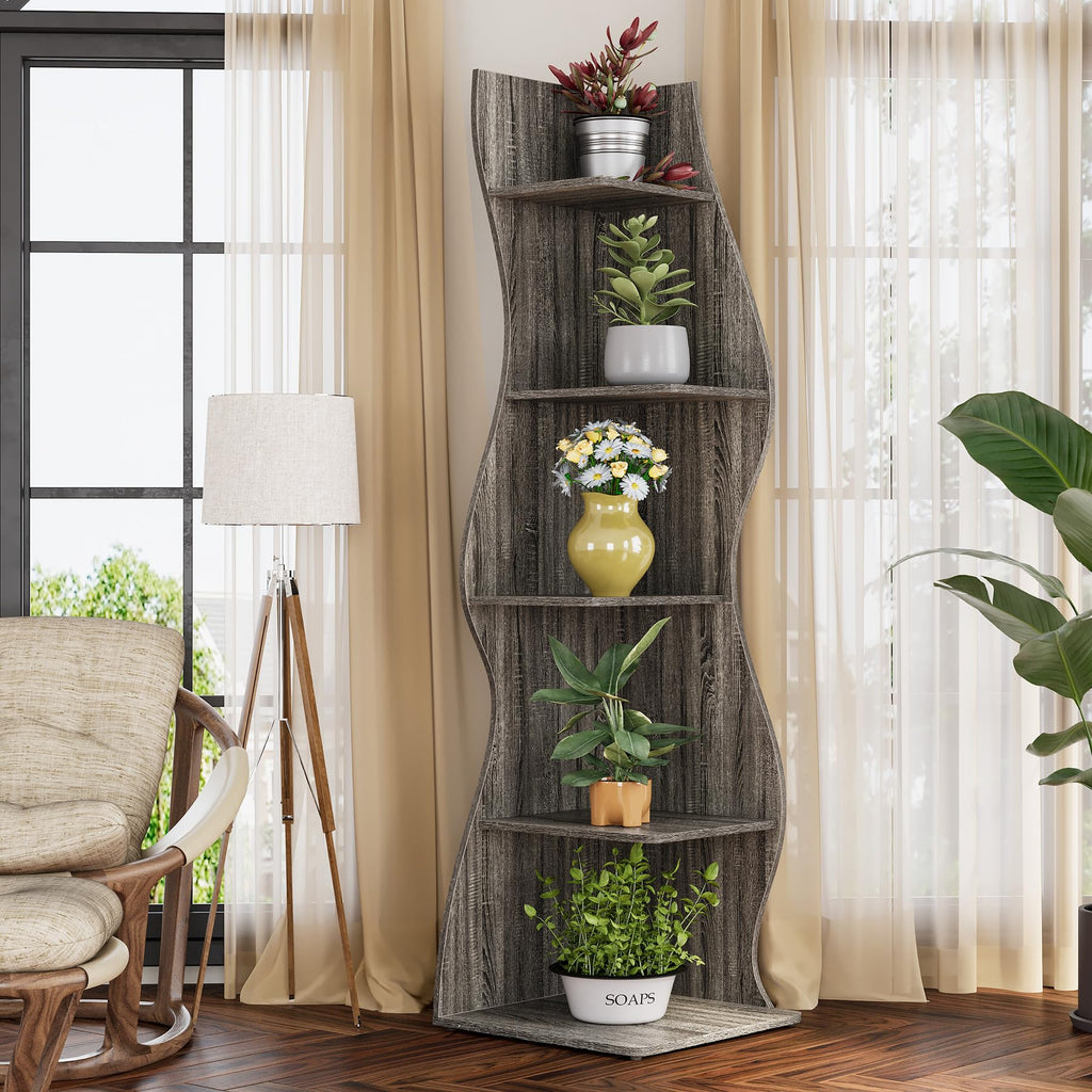 70-Inch Corner Shelf with 5-Tier Shelves, Wall Corner Bookshelf