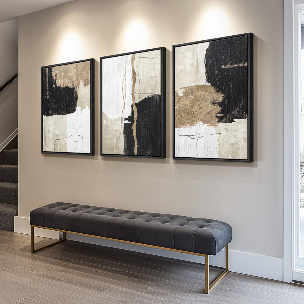 Framed Black and White Gold Abstract Wall Art, 24x36 Inch