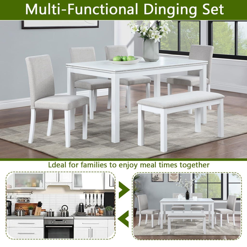 6-Piece Dining Table Set for 6, Solid Wood Kitchen Table Set with 4 Upholstered Chairs & Bench, White