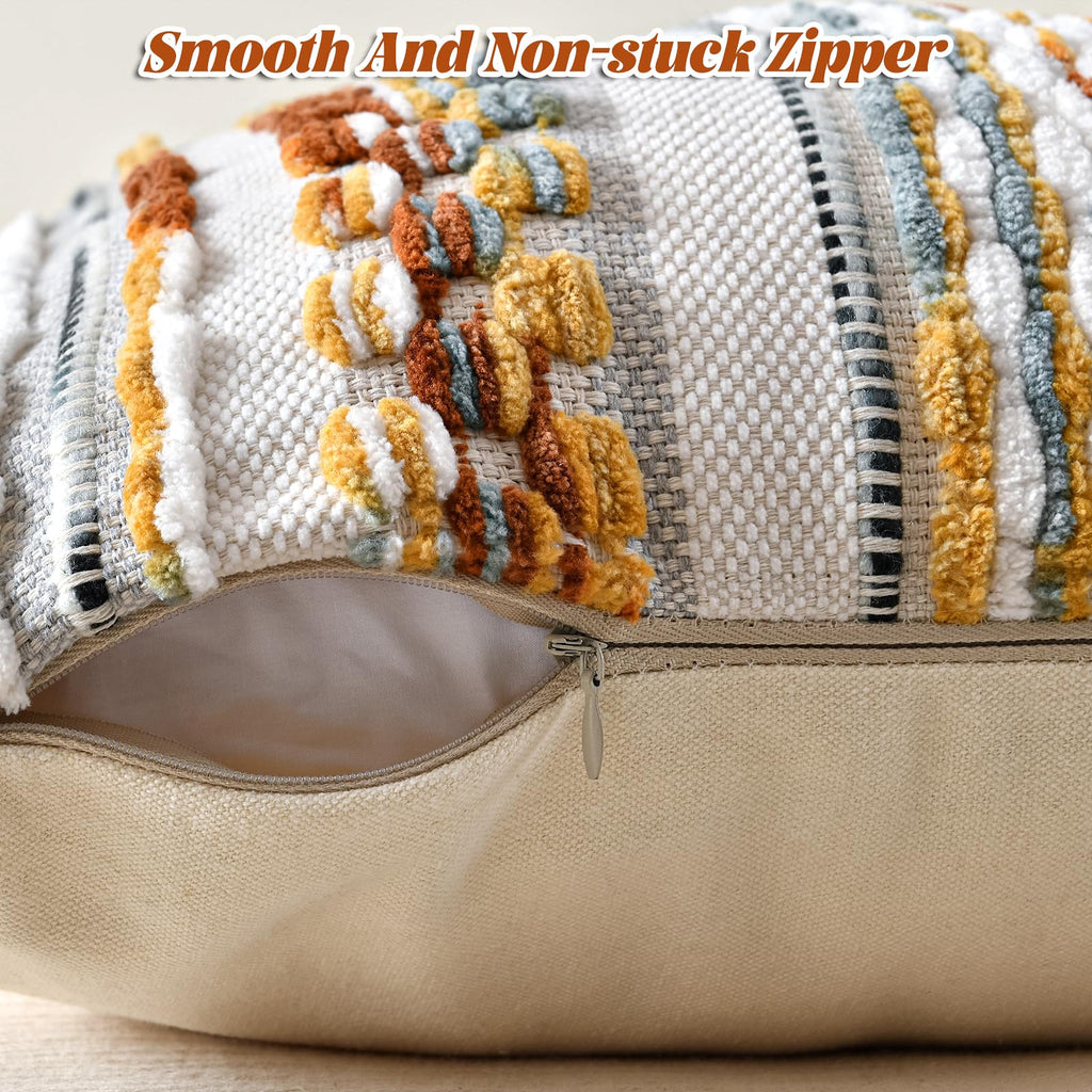 Set of 2 Chenille Striped Textured Boho Throw Pillow Covers Aesthetic with Tassels Woven Decorative Pillow Case for