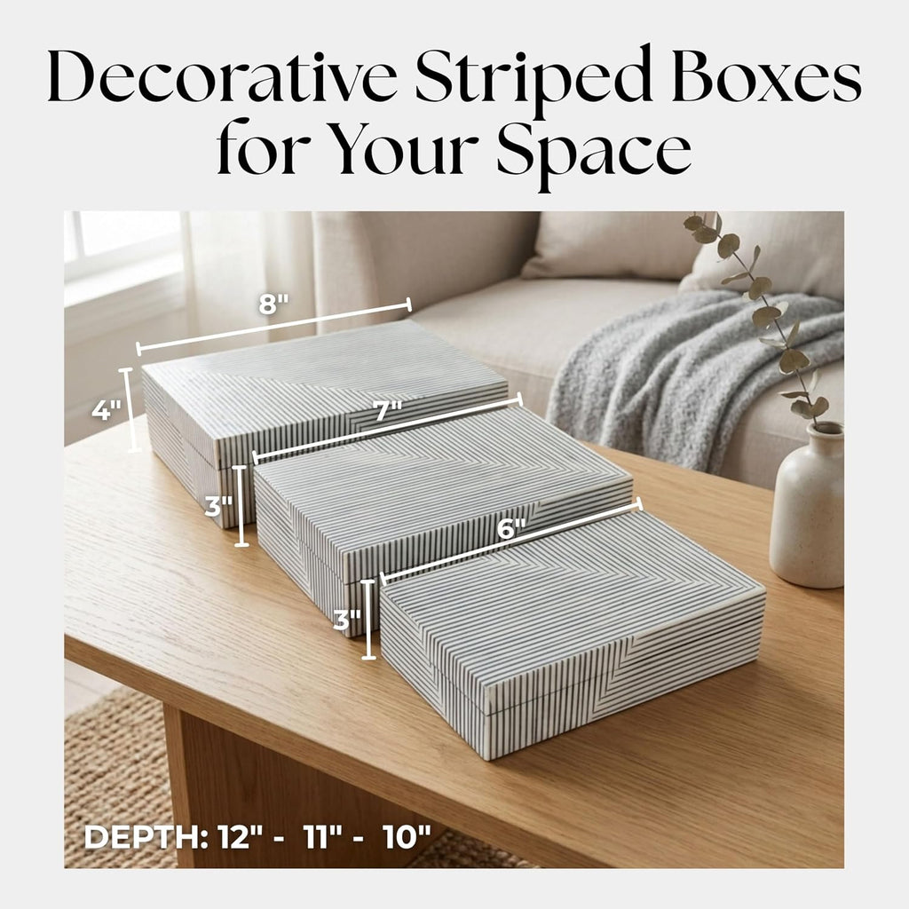 Decorative Striped Boxes with Lid Decor - Stylish Decor Box for Console Table, Jewelry Storage, or Bedroom - Set of 3