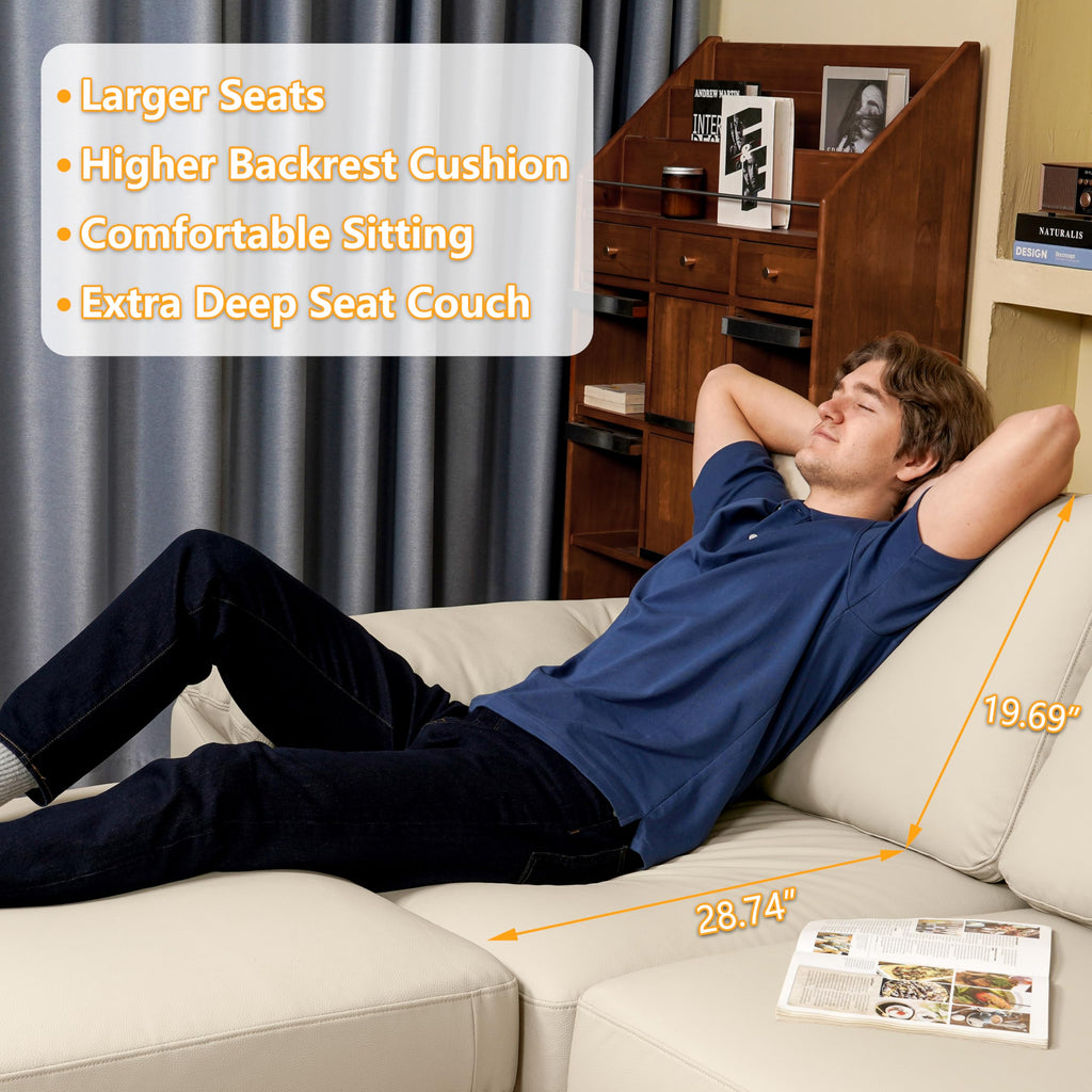 Leather Sectional Couch, L Shaped Deep Seat Modern Sofa, Beige