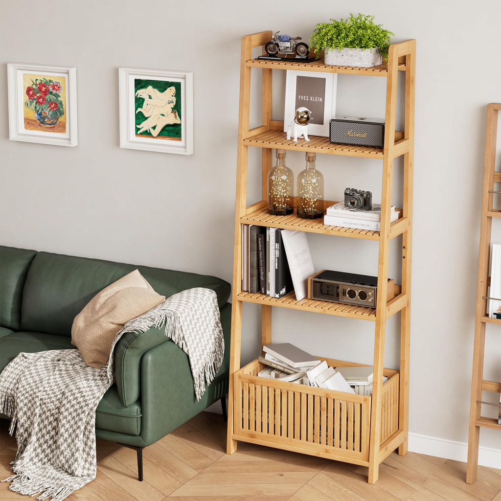 Bamboo Ladder Shelf, Bookshelf with 4 Display Shelves and 1 Open Storage Basket, Multifunctional Storage Rack