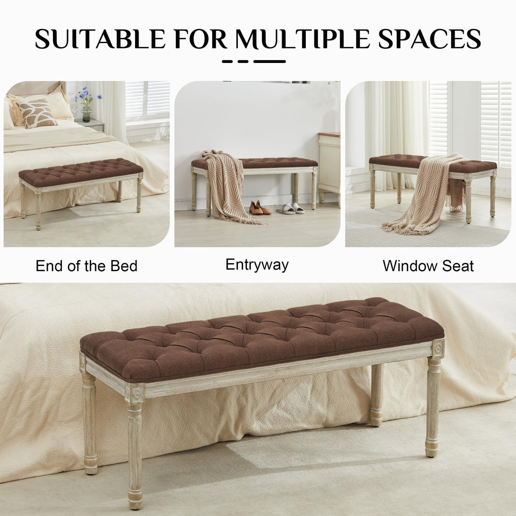 43.9" Linen End of Bed Bench, Vintage Bedroom Bench, Brown
