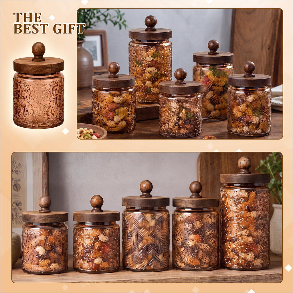 5 Pcs Vintage Glass Canisters Kitchen Glass with Lid, Brown