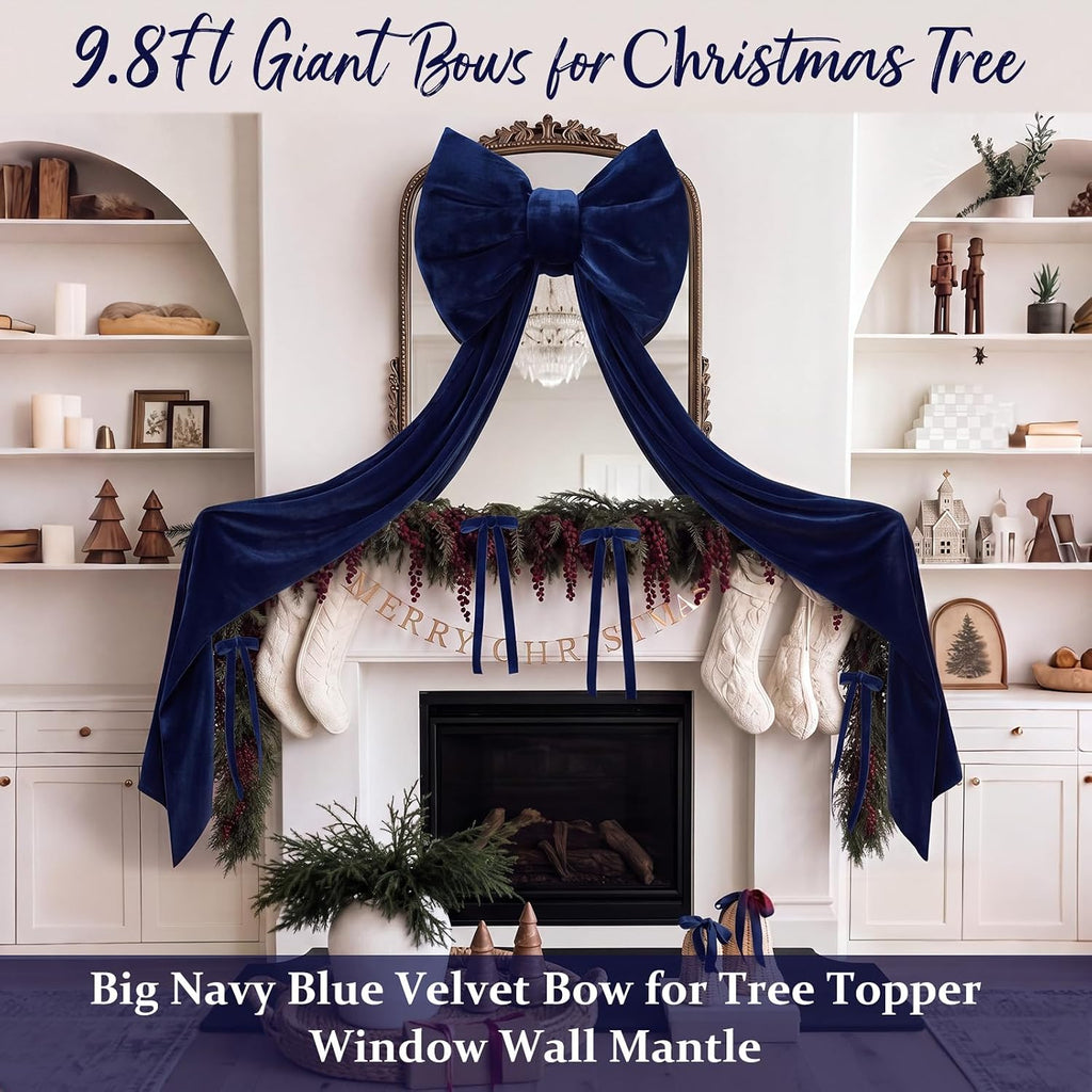 8.2ft Large Navy Blue Velvet Bow Christmas Tree Topper, 12pcs Ribbon Bows