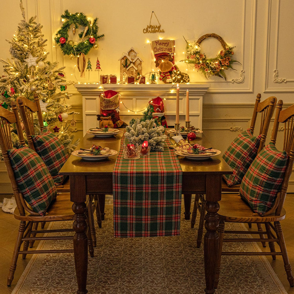 Christmas Checkered Tartan Table Runner, Green, 13 x 120 Inch