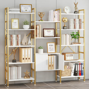 Bookshelf Triple Wide 5 Tier Bookcases with Storage Cabinet, Industrial Large Modern Tall Bookshelves with 12 Open