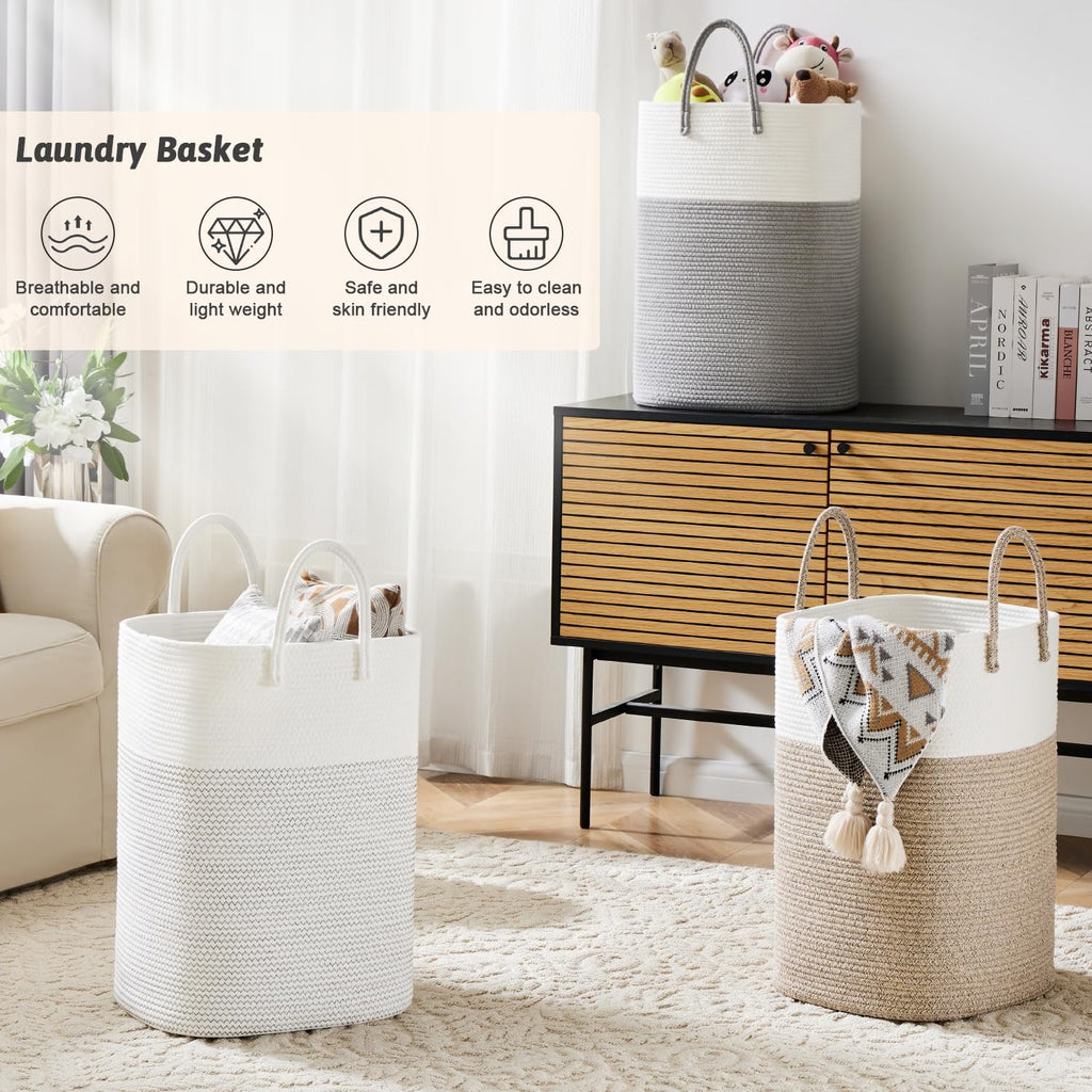 Cotton Rope Laundry Basket, Woven Clothes Hamper, 100L