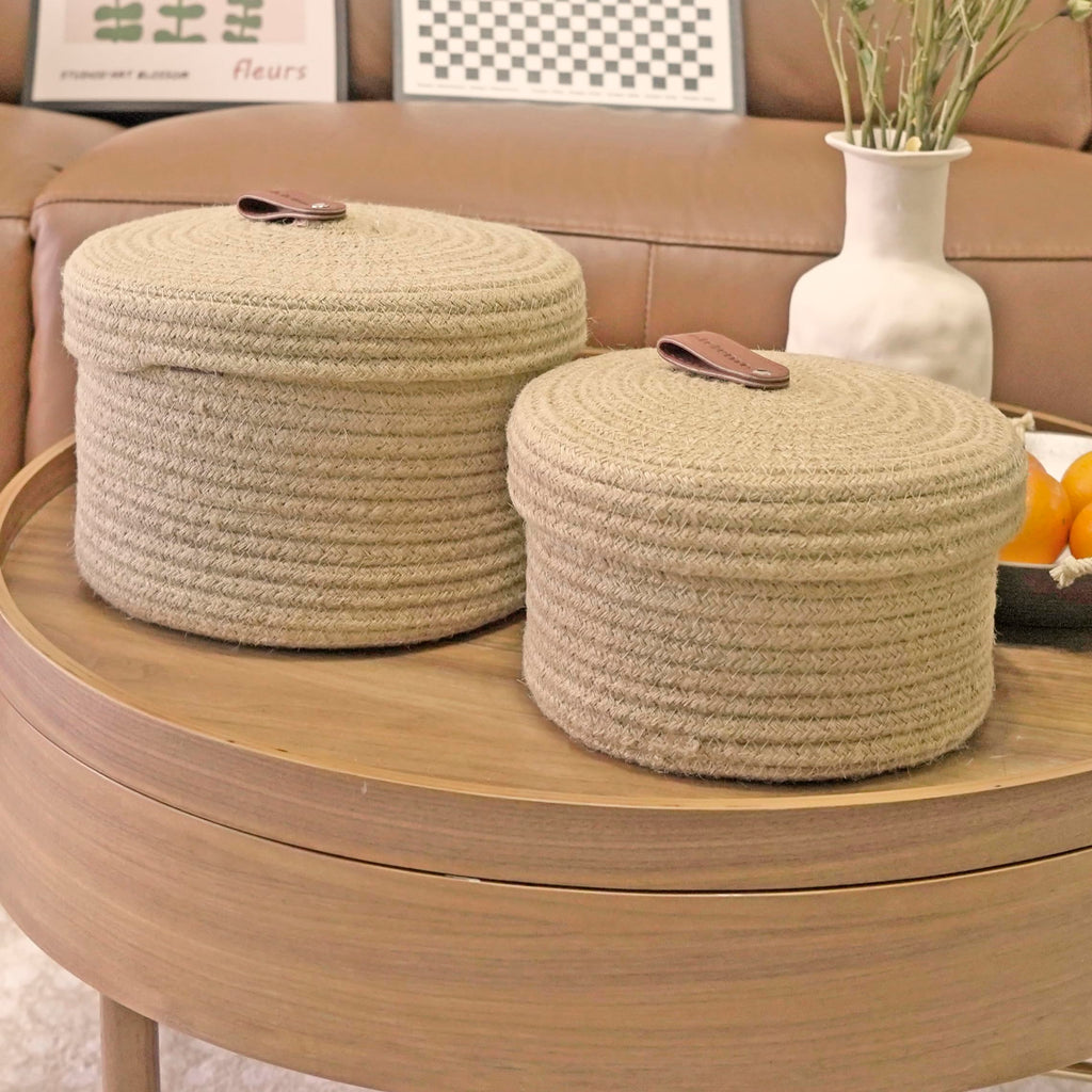 Set of 2 Round Jute Rope Storage Baskets with Lids -Leather Handles- Decorative Woven Organizer Bin, Small Basket