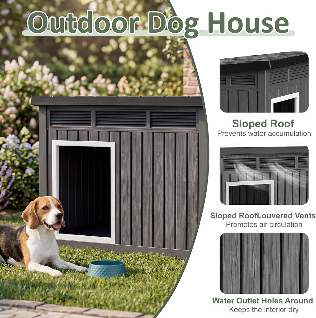 Large Dog House, Weatherproof Resin Large Dog House Outdoor with Sloped Roof & Ventilation, Indoor Outdoor Dog House