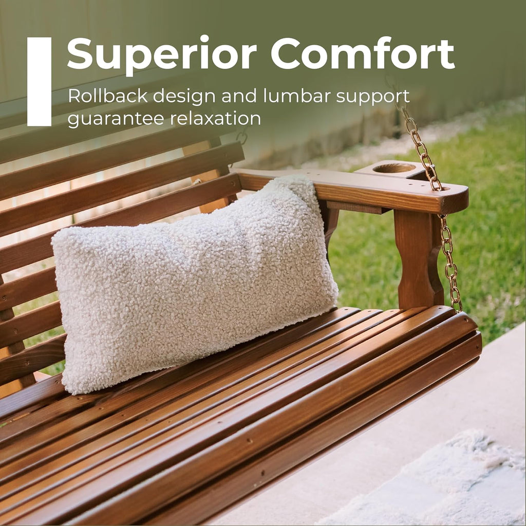 Casual Heavy Duty 700 Lb Capacity Porch Swing with Cup Holders (4 Foot, Semi-Solid Black Stain) - Wooden Outdoor Roll