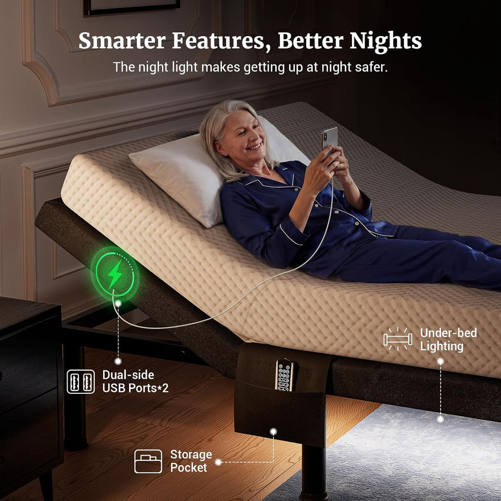 T600 Adjustable Bed Base with Massage & Remote, Syncable Split King Adjustable Bed Frame with Head & Foot Incline