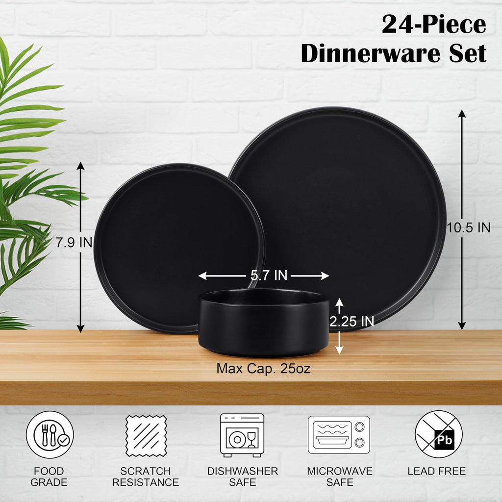 Black Dinnerware Sets for 8, 24-Piece Stoneware Plates and Bowls Sets