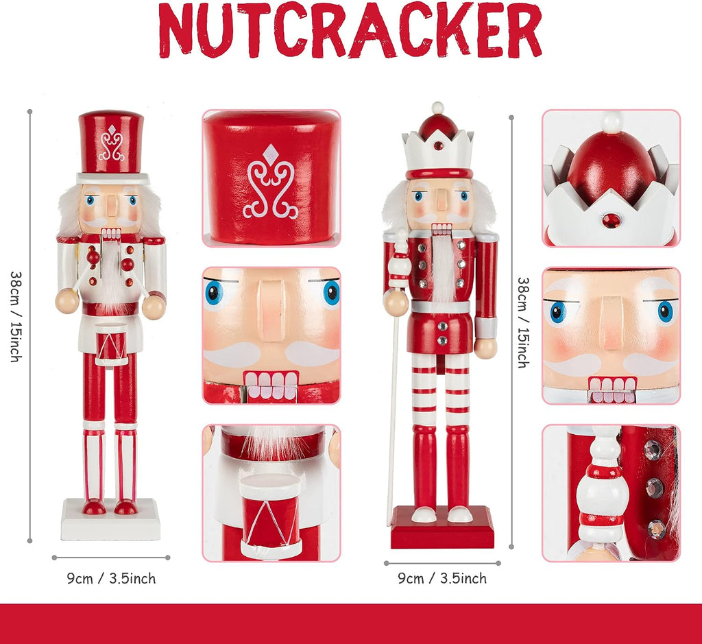 Red and White Christmas Nutcracker 15-Inch Set of 4 Wooden King and Soldier Nutcracker Figurine Display Set