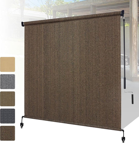 Outdoor Roller Shades with Splicing Design, 7' W x 6' H Cordless Patio Roll Up Blinds, Exterior Shade Cloth Roll for Porch, Gazebo, Pergola, Balcony, Mocha