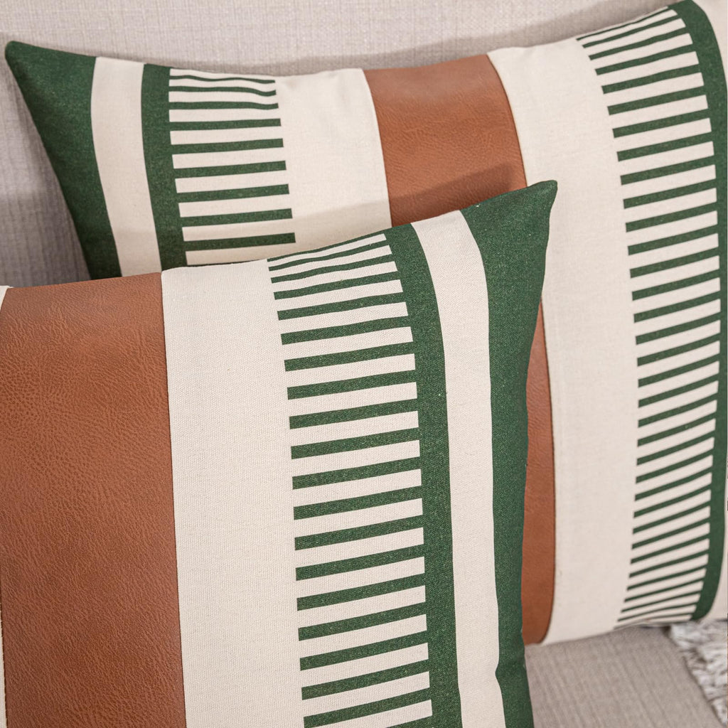 Decorative Farmhouse Throw Pillow Covers 18x18 Accent Faux Leather Pillowcase Rustic Boho Decor, Olive Green and Beige