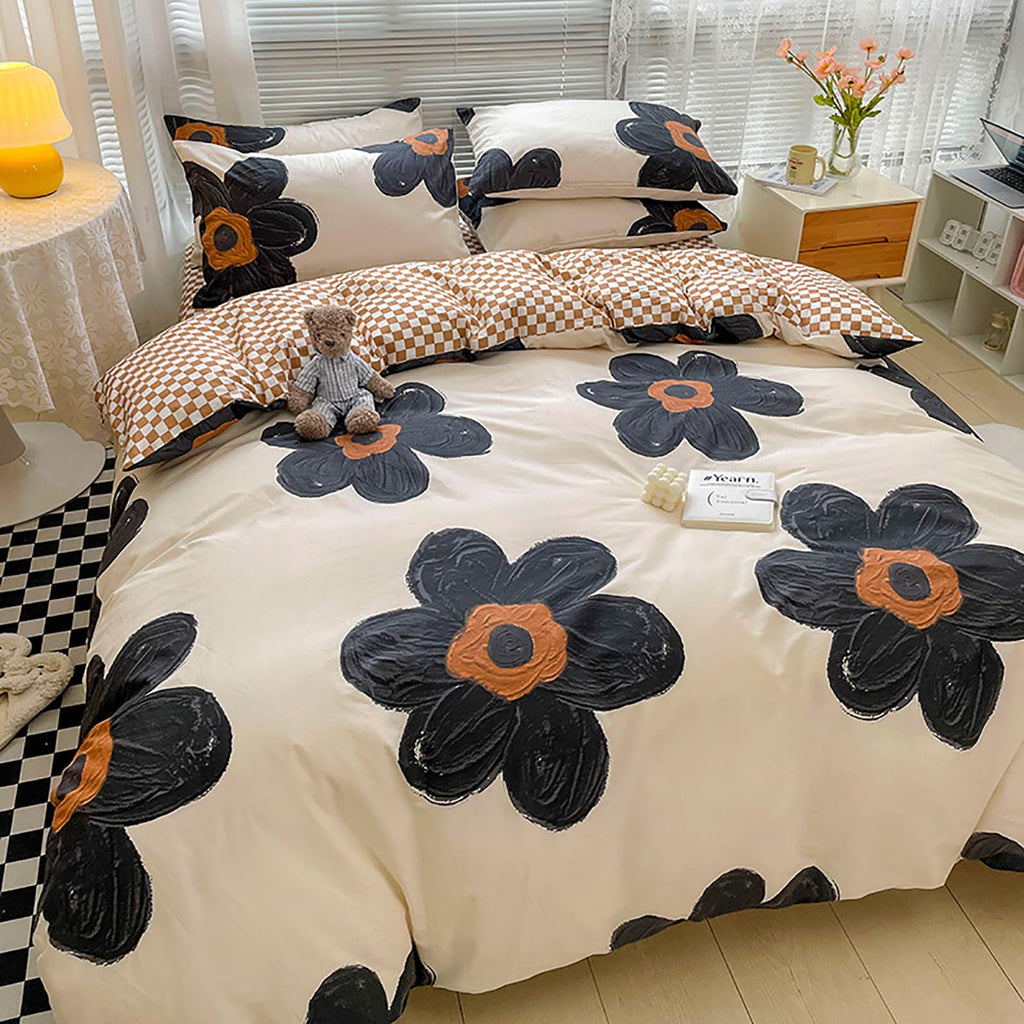 Black Sunflower Comforter Set Queen Beige Black Floral Bedding Comforter Set Big Flower Botanical Quilts Boho