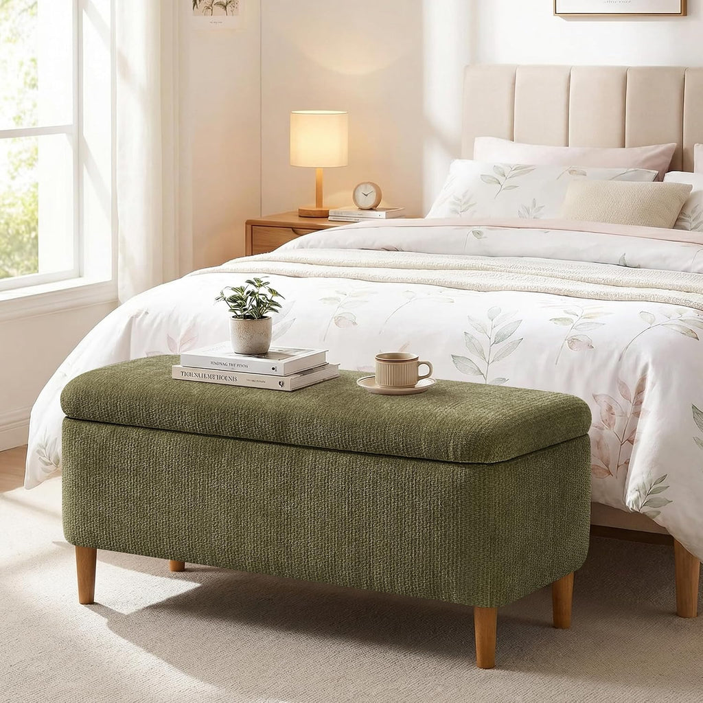 39.4" Ottoman with Storage Upholstered Storage Bench | Modern Fabric End of Bed Bench Footstool with Wooden Legs