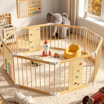 Foldable Wooden Baby Playpen, 58"x58"x24" Adjustable Shape & Size Playpen for Babies and Toddlers, Natural Pine Wood