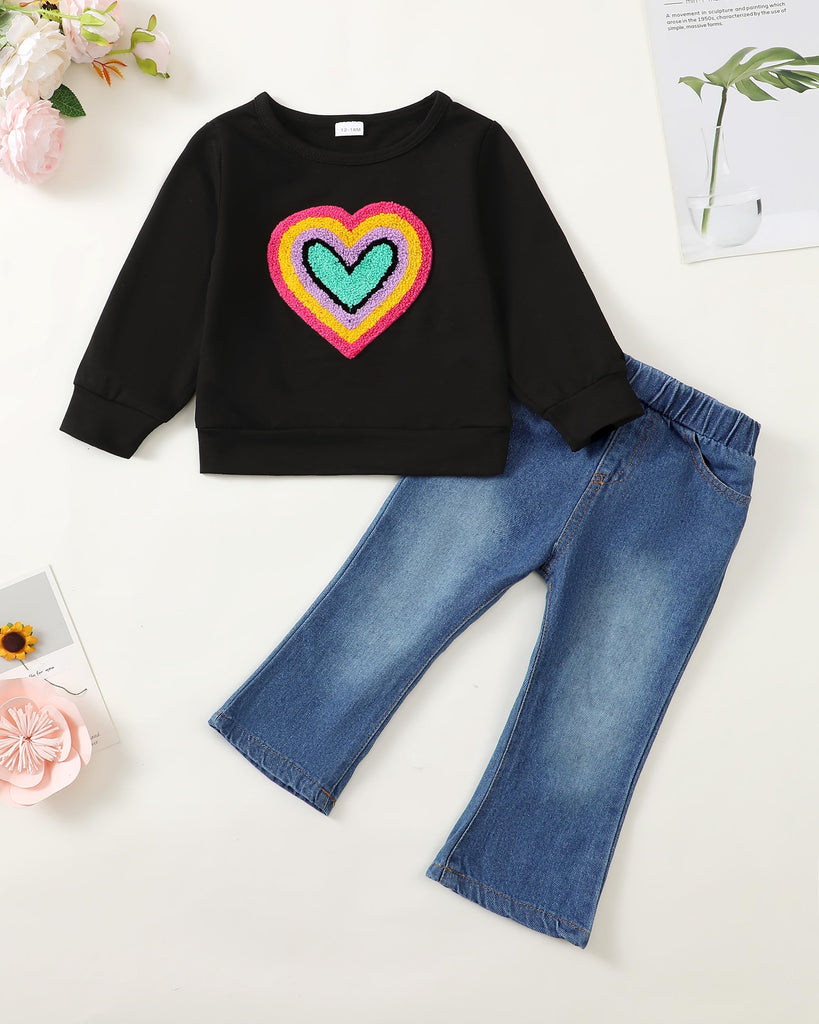 Toddler Girl Clothes Black Heart Sweatshirt Jeans Fall Outfits