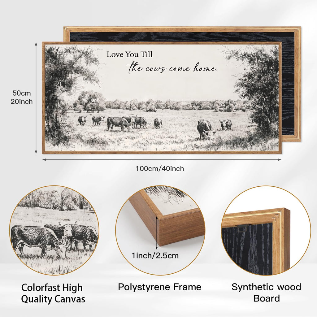 Large Framed Vintage Cow Sketch Farm Canvas Wall Art, Love U Till the Cows Come Home Quote Wall Decor for Farmhouse