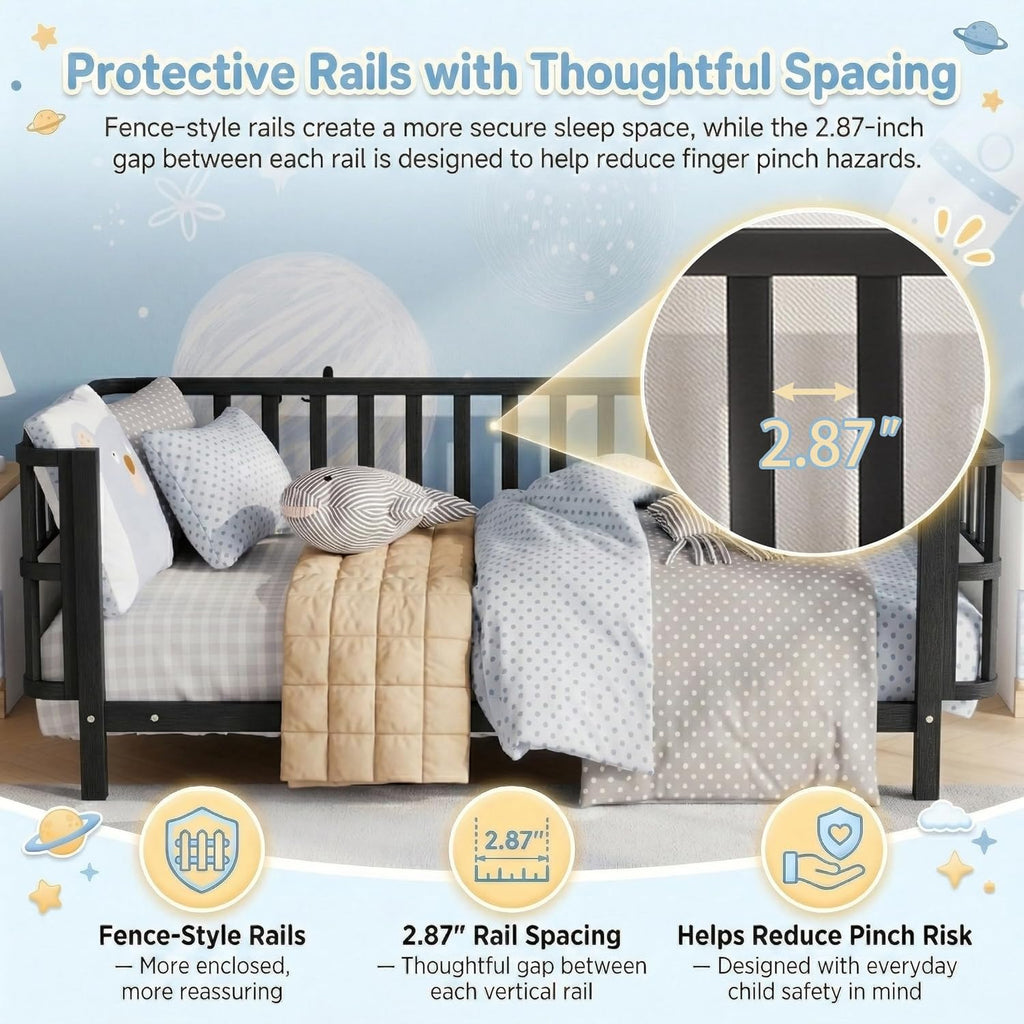 Twin Kids Bed Frame with Rails, Low Profile Montessori-Style Metal Bed for Boys Girls Teens, Removable Side Rail