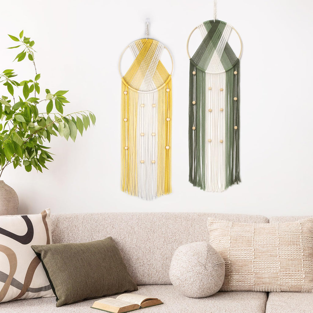 LB 2Pc Boho Macrame Wall Hanging Modern Aesthetic Wall Decor Green and Yellow Hand Woven Cotton Macrame Wall Art with