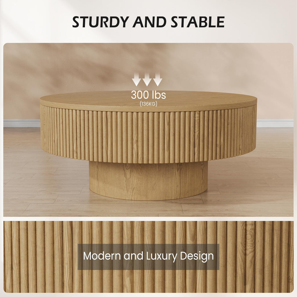 31.5" Round Fluted Coffee Table, Modern Wood Circle Coffee Table, Veneer Handcrafted Relief Tea Table with Sturdy