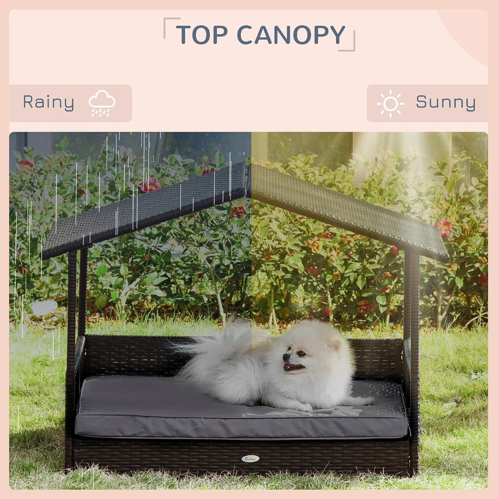 Wicker Dog House Outdoor with Canopy, Rattan Dog Bed with Water-Resistant Cushion, Raised Dog Bed for Small, Medium