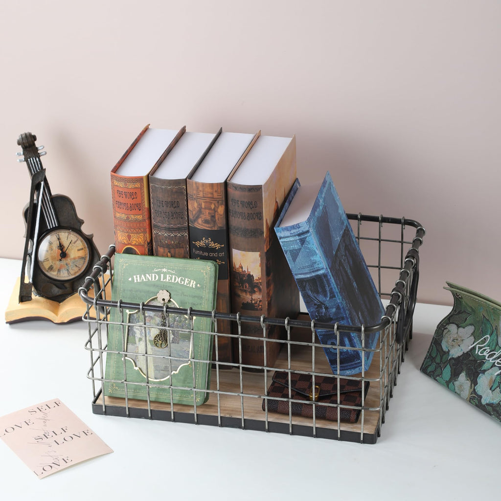 16" Wide Rectangular Sturdy Hand Welded Farmhouse Metal Wire Basket with Rustic Wooden Bottom For Shelves, Closet