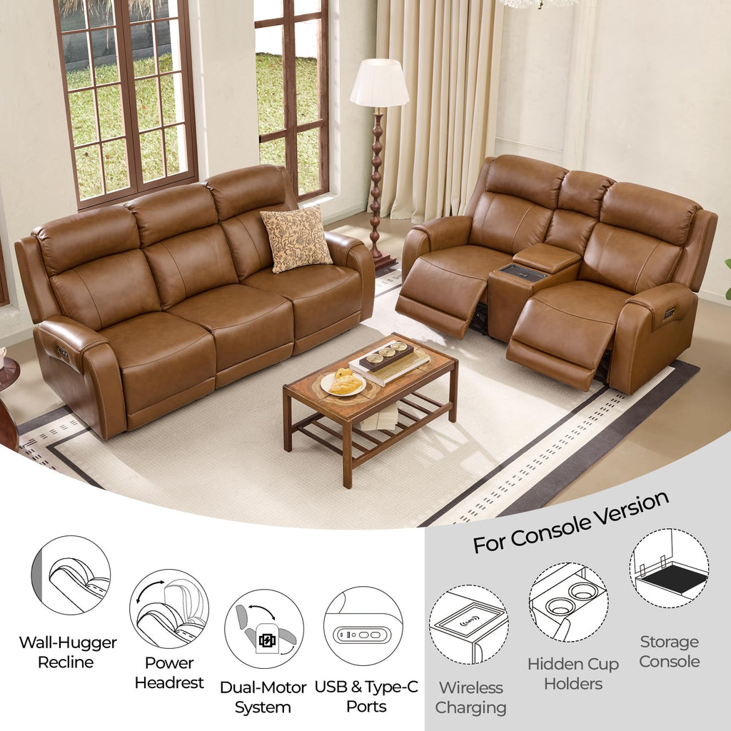 Genuine Leather Power Recliner Sofa, 3 Seater Reclining Sofa, Saddle