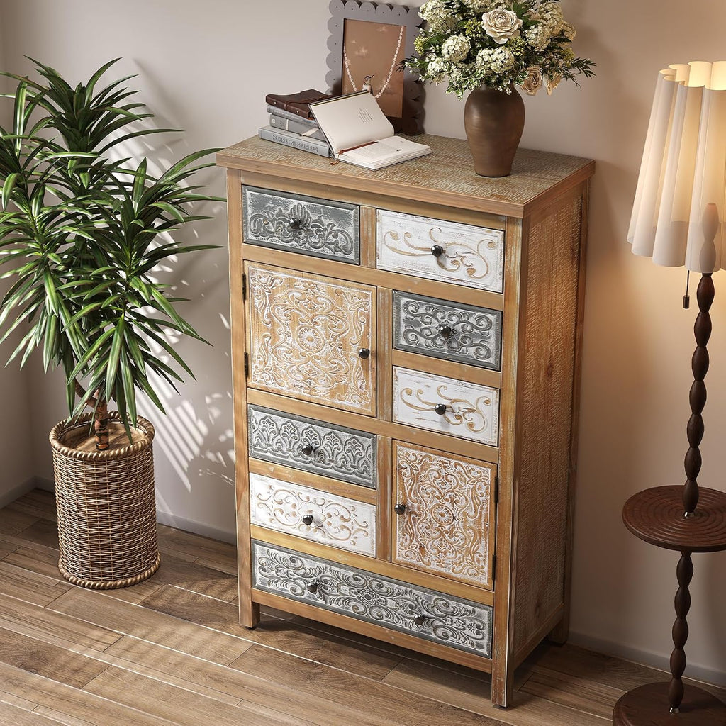 Solid Wood Tall Accent Chest with Drawers,Carved Storage Cabinet | Storage Drawers,Solid Wood Material,Hand-Carved